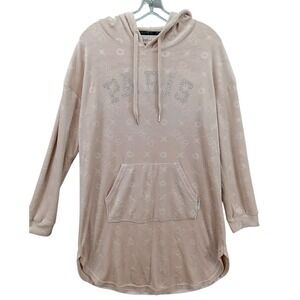 Paris Hilton Velour Hooded Lounge Shift  Sparkle Logo Size S Oversized Soft Pink